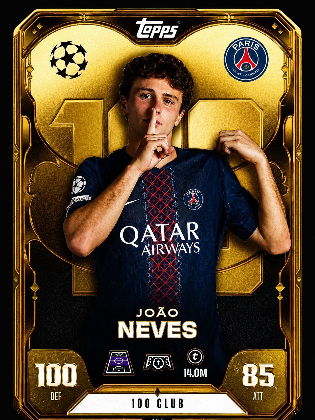 Card Topps João Neves – 100 Club – PSG – UEFA Champions League